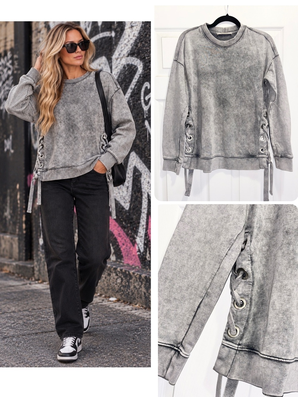 AllSaints Leti Sweatshirt Lace Up Eyelet Vintage Washed Grey Sweater Size XS